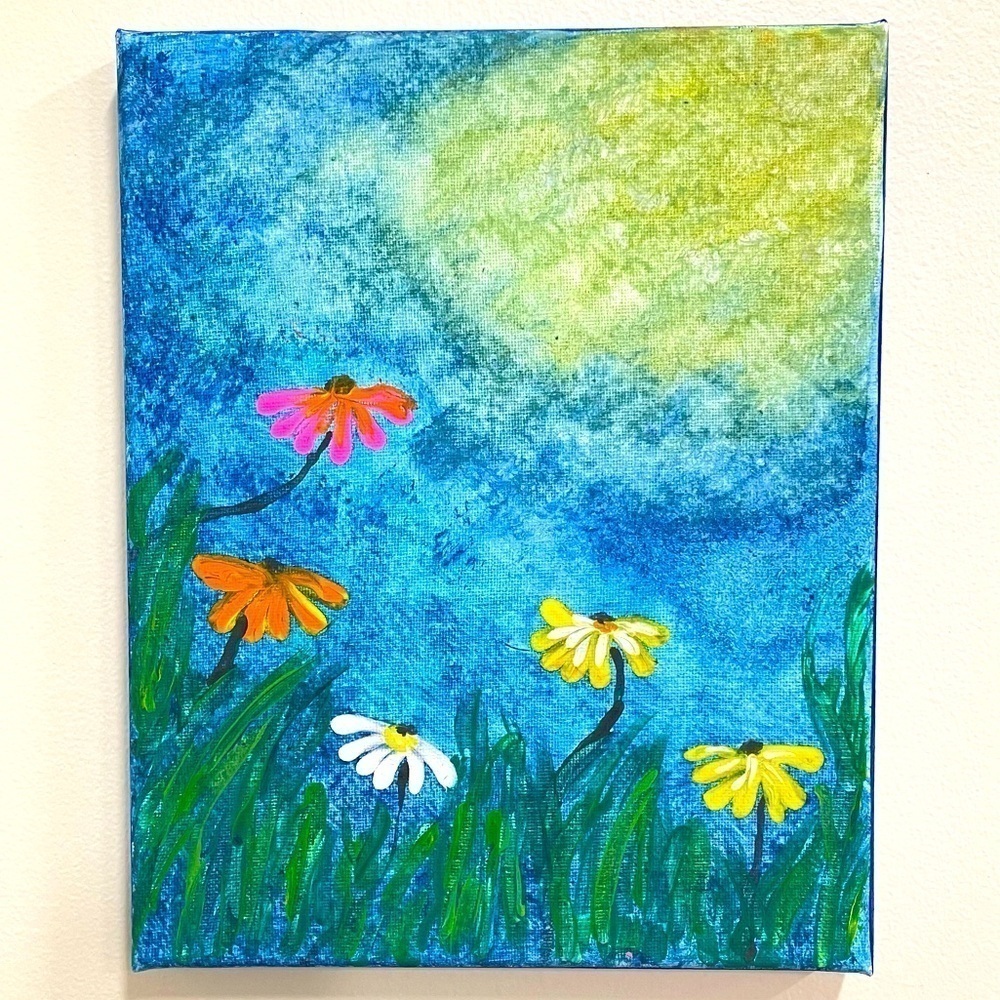 Handmade acrylic painting of sunshine and flowers daisies
